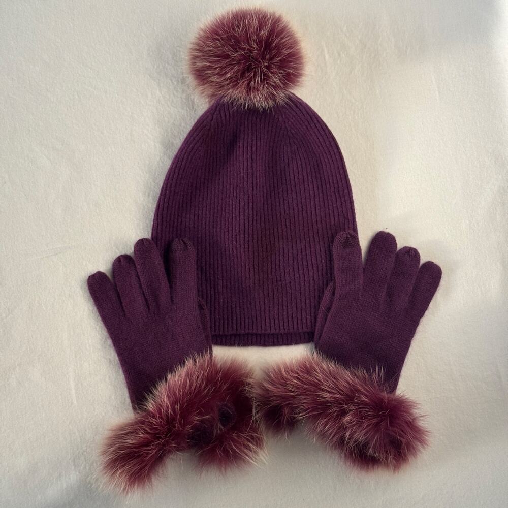 Sofia Cashmere 100% Cashmere Dyed Fox Fur Hat & Gloves Set